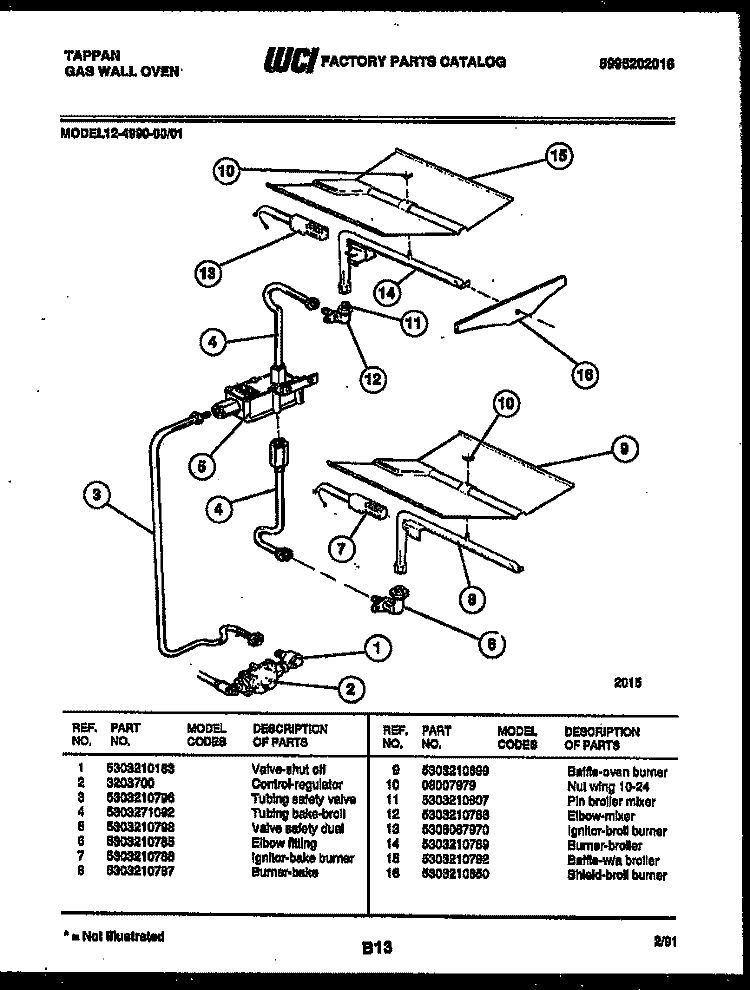 GAS CONTROL Diagram and Parts List for 12-4990-00-01  Tappan Wall Oven