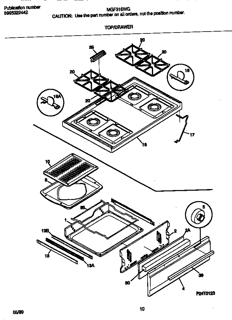 TOP / DRAWER Diagram and Parts List for MGF316WGSC  Frigidaire Range
