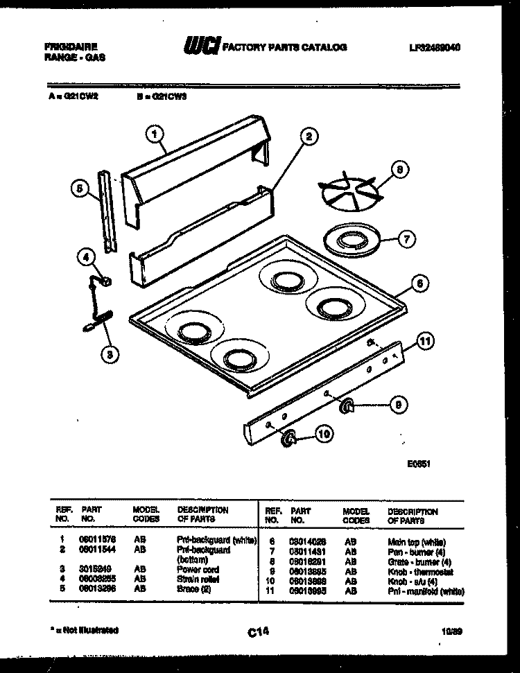 BACKGUARD AND COOKTOP PARTS Diagram and Parts List for G21CW3  Frigidaire Range
