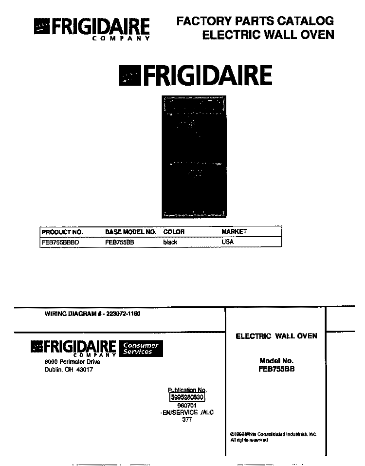 COVER Diagram and Parts List for FEB755BBBD  Frigidaire Wall Oven