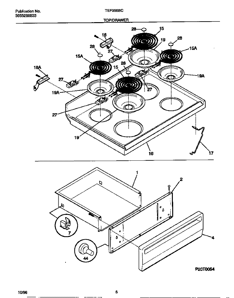 TOP / DRAWER Diagram and Parts List for TEF355BCDC  Tappan Range
