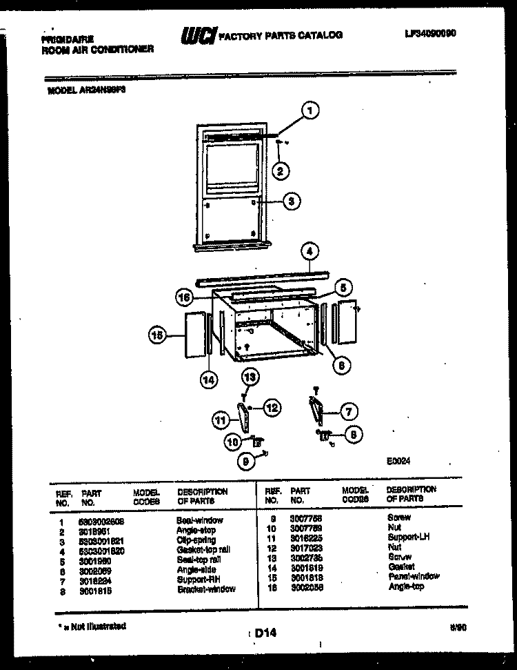 WINDOW MOUNTING PARTS Diagram and Parts List for AR24NS8F3  Frigidaire Air Conditioner