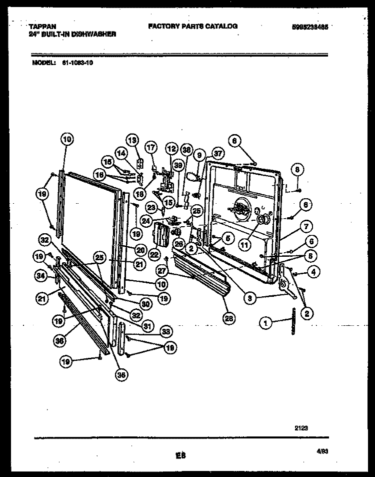 DOOR PARTS Diagram and Parts List for 61-1083-10-00  Tappan Dishwasher