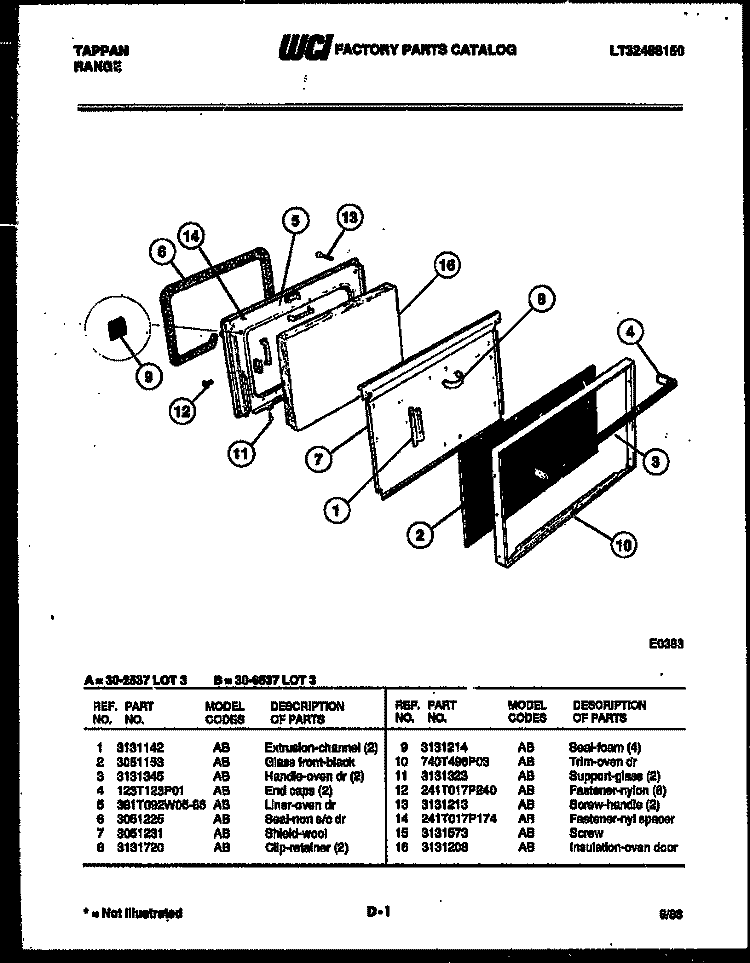 DOOR PARTS Diagram and Parts List for 30-2537-66-03  Tappan Range