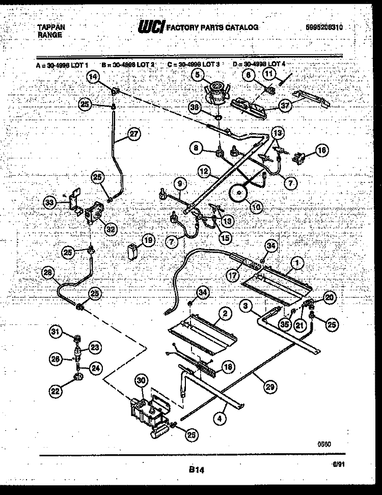 BURNER, MANIFOLD AND GAS CONTROL Diagram and Parts List for 30-4998-23-02  Tappan Range