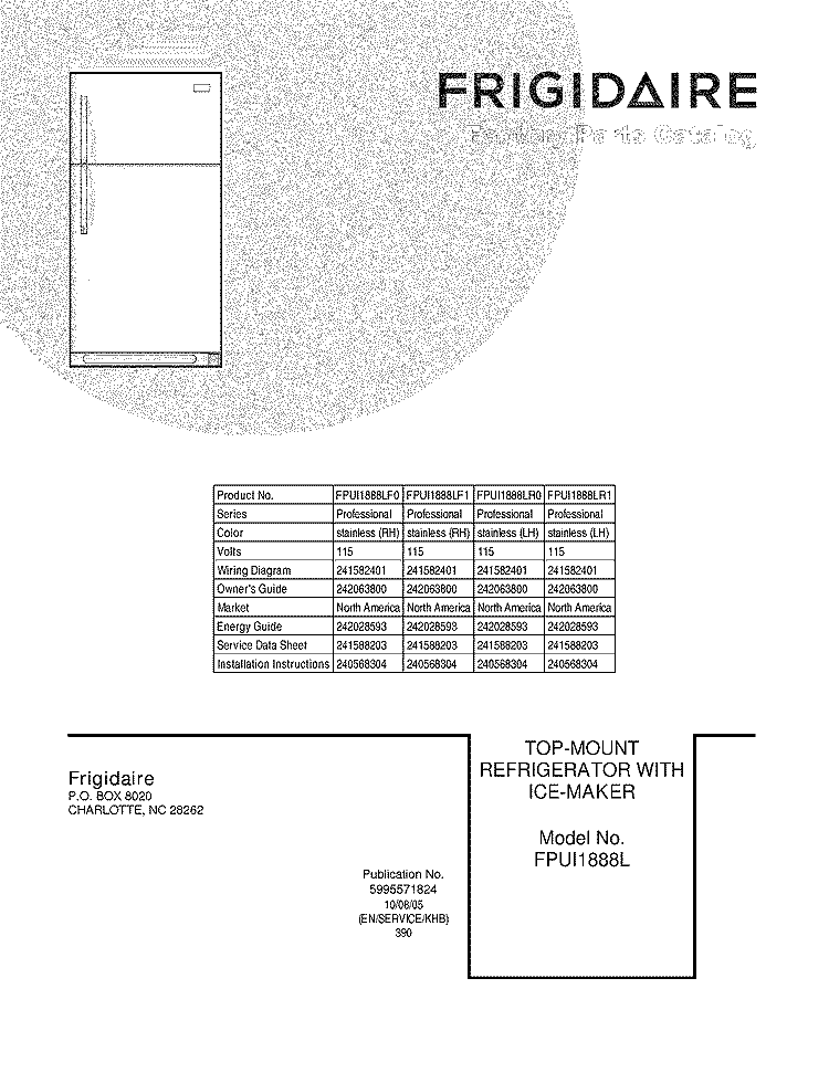 COVER Diagram and Parts List for FPUI1888LF0  Frigidaire Refrigerator