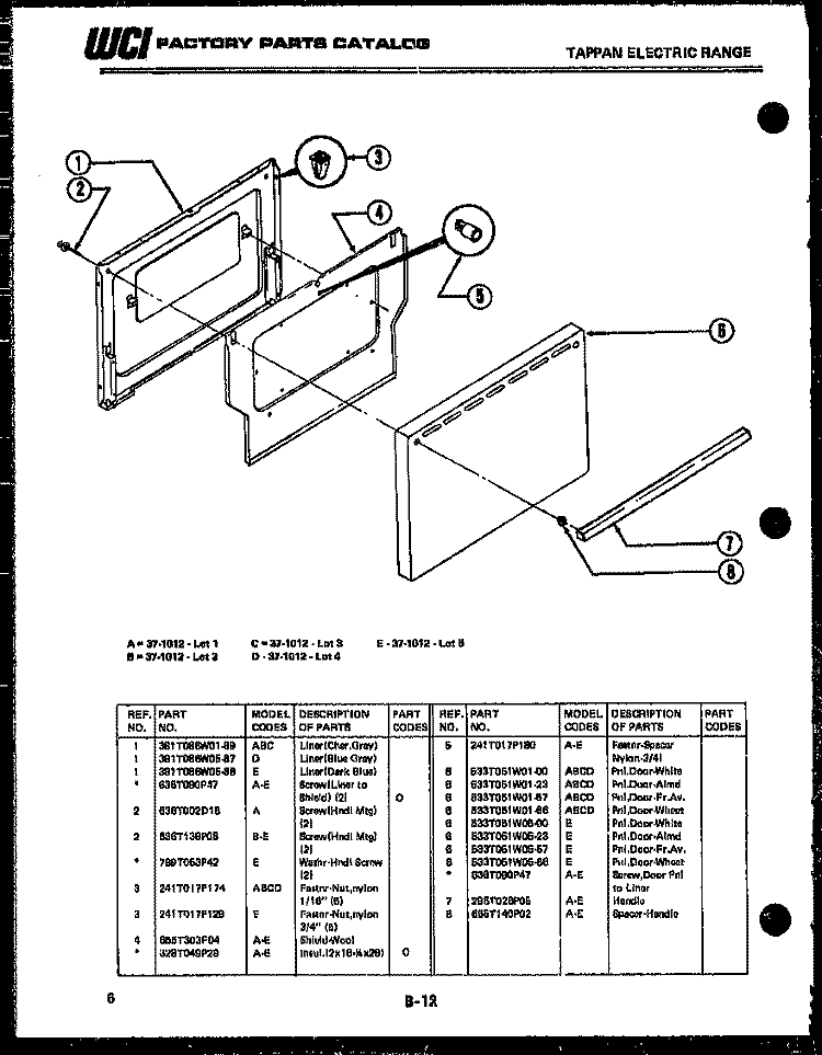 DOOR PARTS Diagram and Parts List for 37-1012-23-01  Tappan Range
