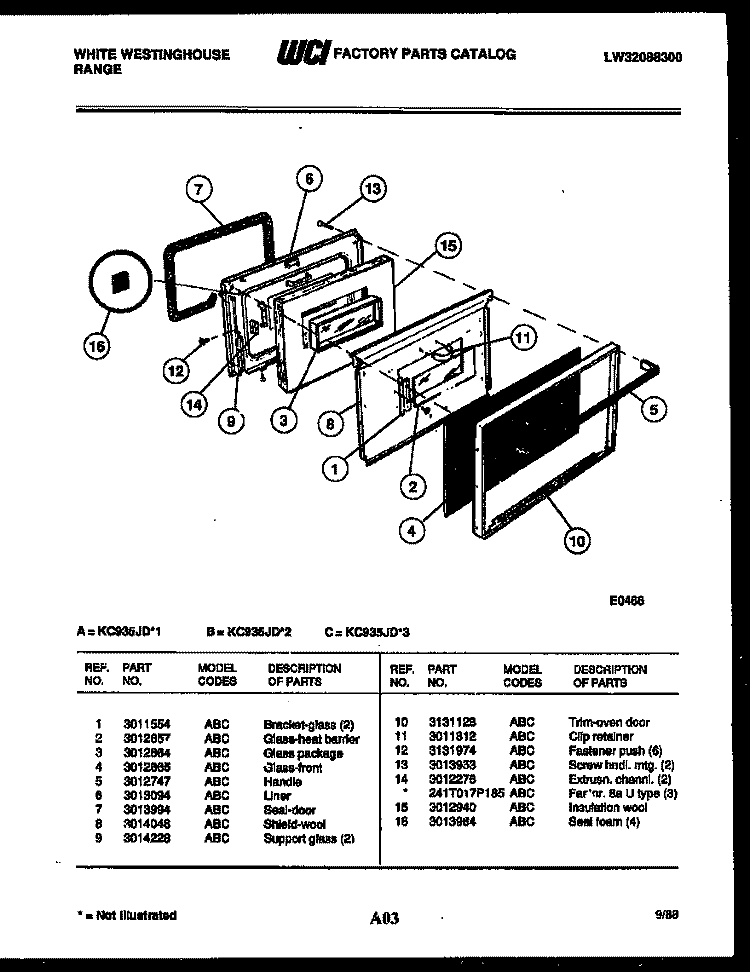 LOWER OVEN DOOR PARTS Diagram and Parts List for KC935JW3  Frigidaire Range