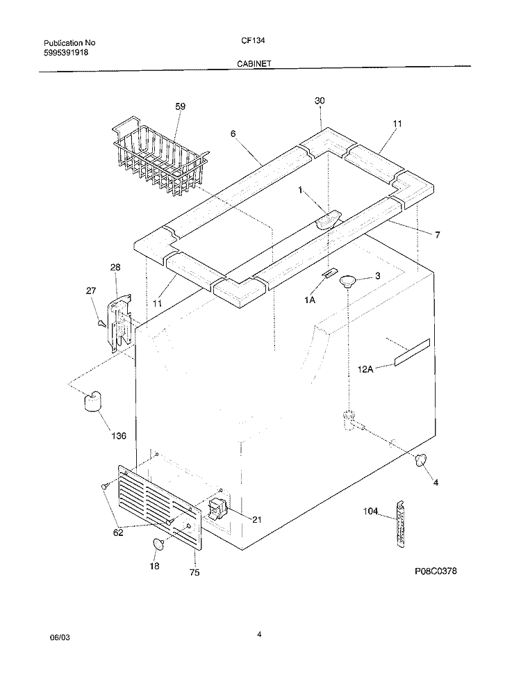 CABINET Diagram and Parts List for CF134  Frigidaire Freezer