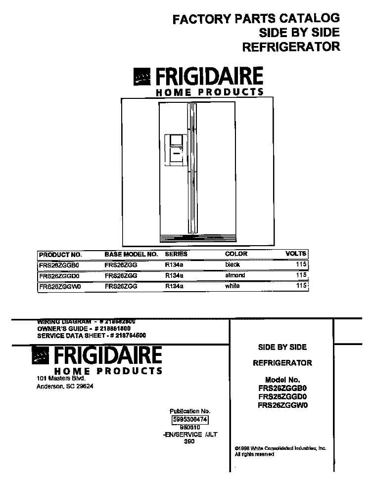 COVER Diagram and Parts List for FRS26ZGGB0  Frigidaire Refrigerator
