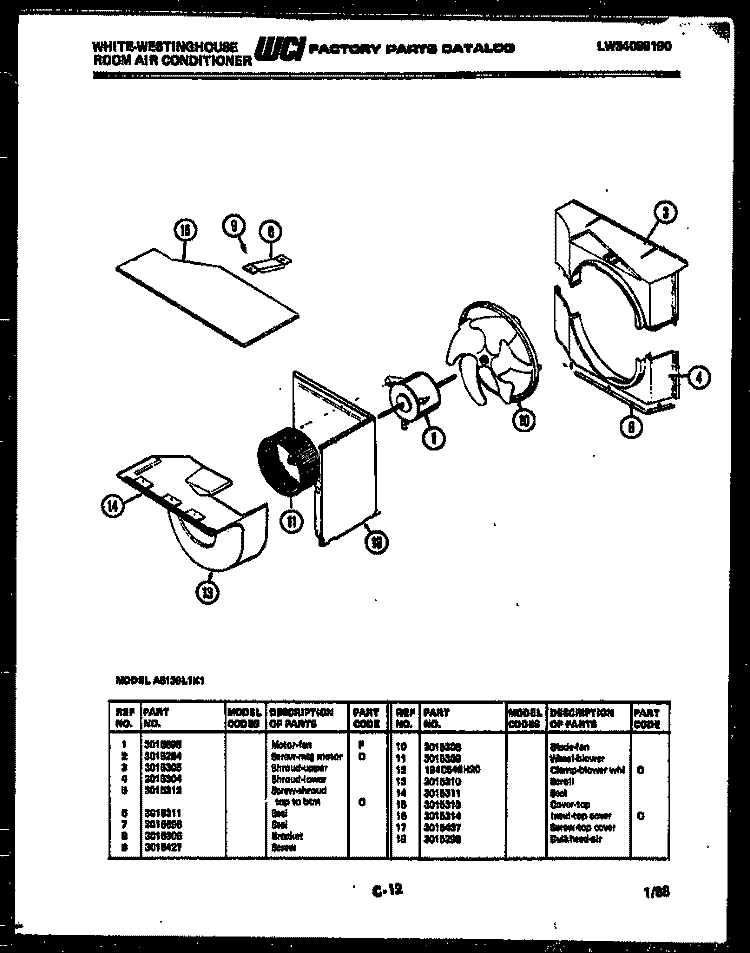 AIR HANDLING PARTS Diagram and Parts List for AS139L1K1  Frigidaire Air Conditioner