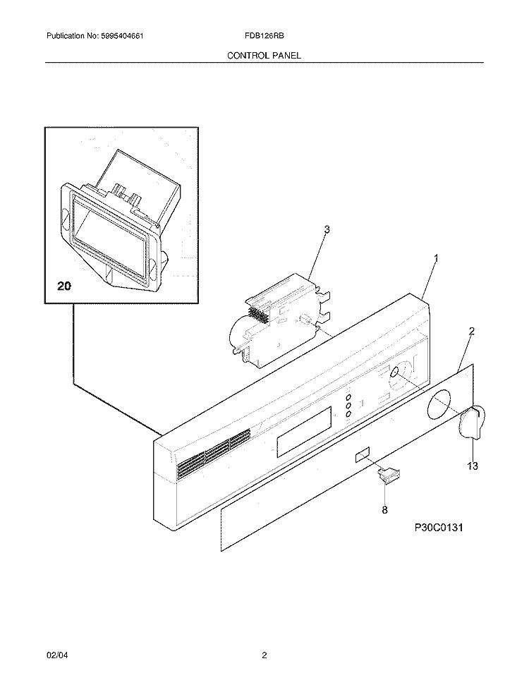 CONTROL PANEL Diagram and Parts List for FDB126RBS2  Frigidaire Dishwasher