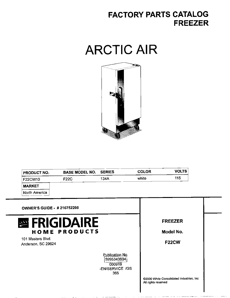COVER Diagram and Parts List for F22CW10  Frigidaire Freezer