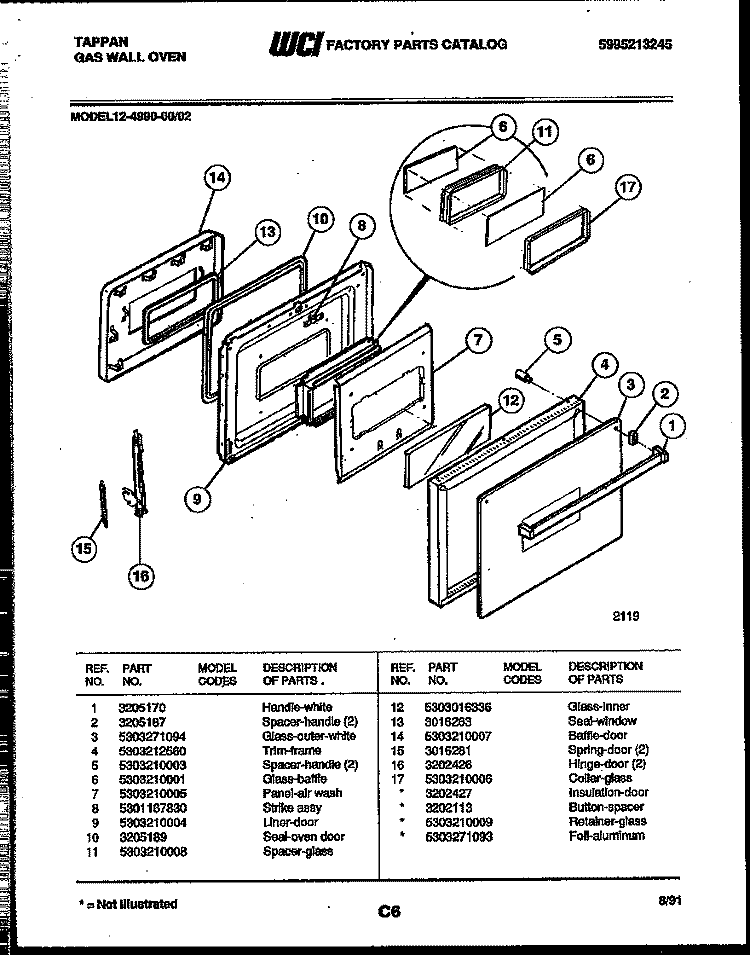 DOOR PARTS Diagram and Parts List for 12-4990-00-02  Tappan Wall Oven