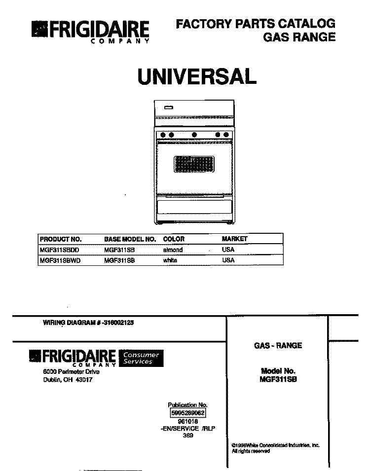 COVER Diagram and Parts List for MGF311SBWD  Frigidaire Range