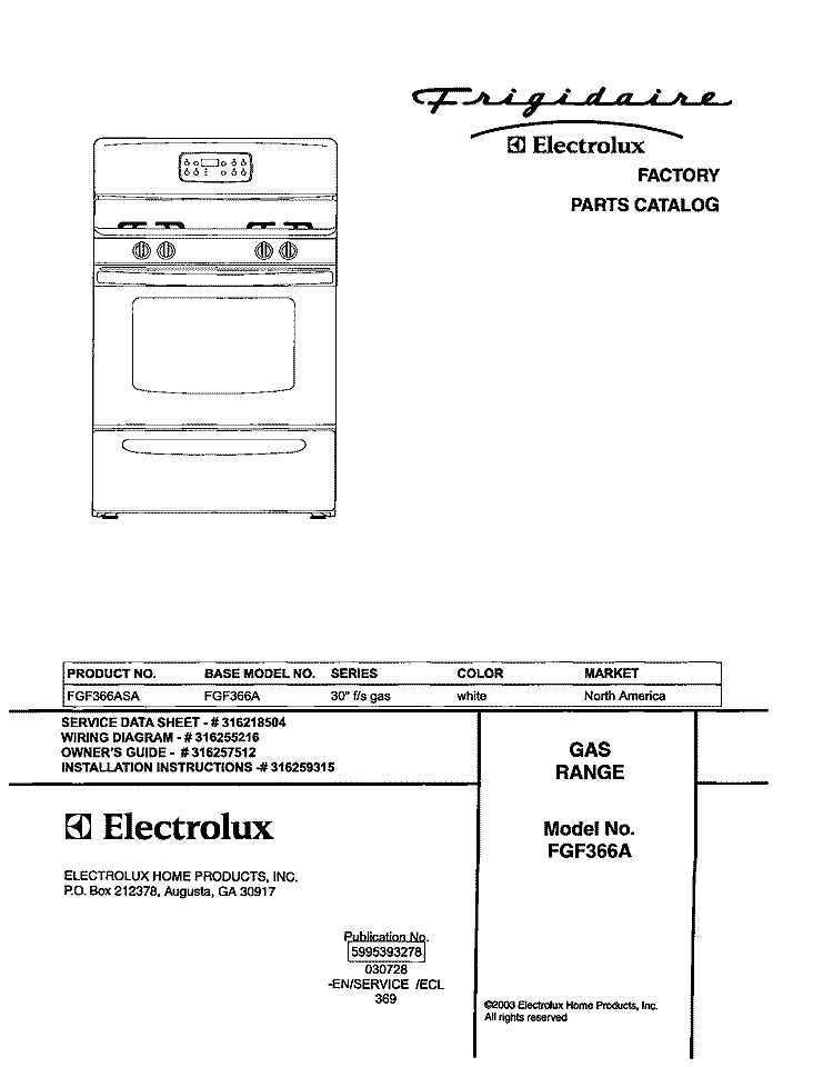 COVER Diagram and Parts List for FGF366ASA  Frigidaire Range