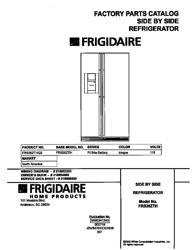 COVER Diagram and Parts List for FRS26ZTHQ3  Frigidaire Refrigerator