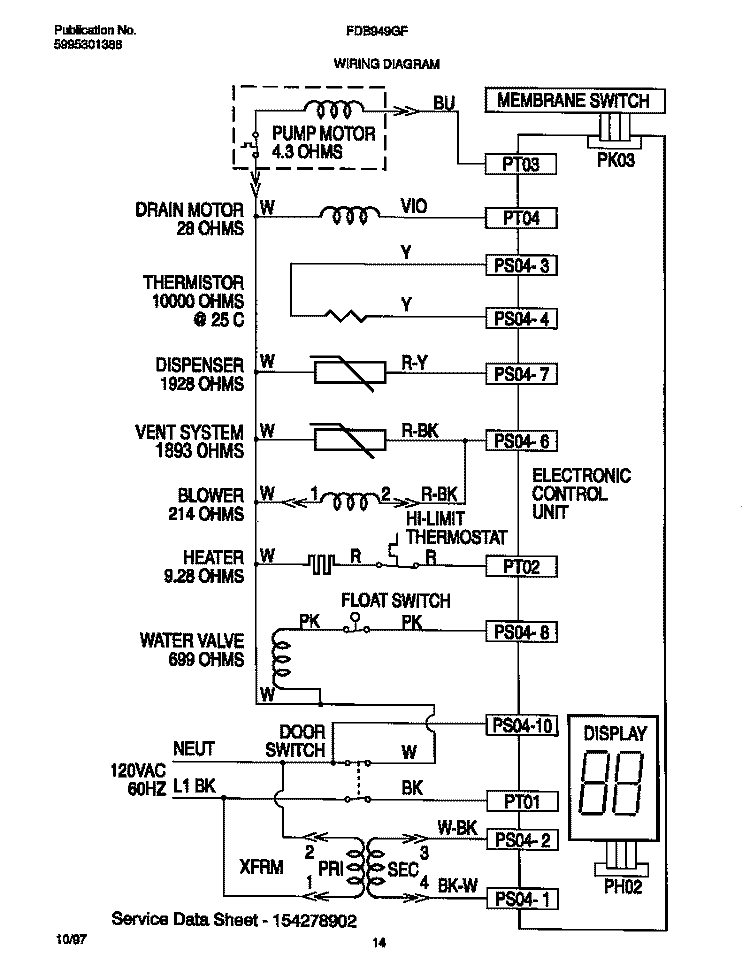 WIRING DIAGRAM Diagram and Parts List for FDB949GFB1  Frigidaire Dishwasher