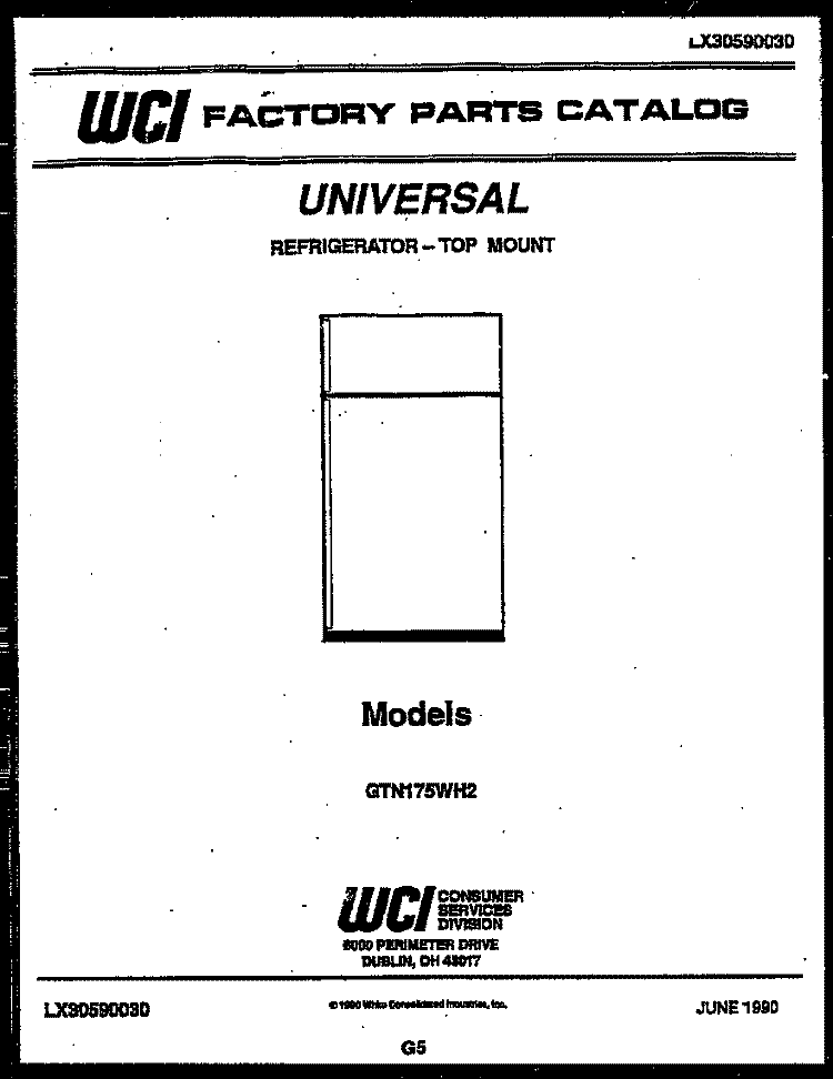 COVER Diagram and Parts List for GTN175WH2-32  Uni Refrigerator