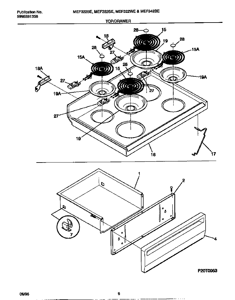 TOP / DRAWER Diagram and Parts List for MEF322WESA  Frigidaire Range