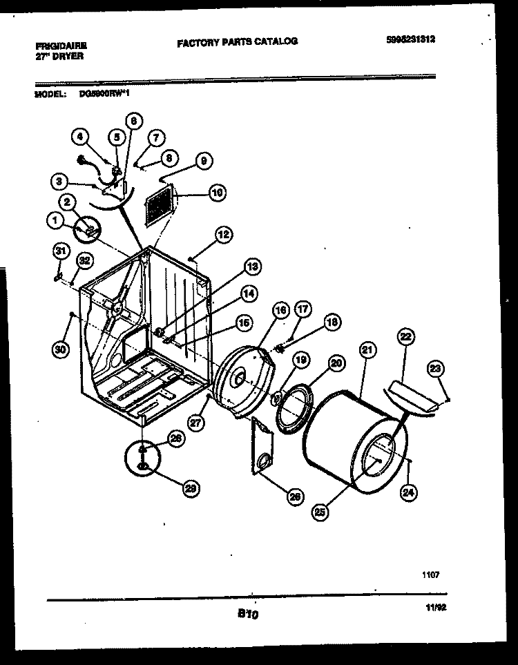 CABINET AND COMPONENT PARTS Diagram and Parts List for DG5800RW1  Frigidaire Dryer