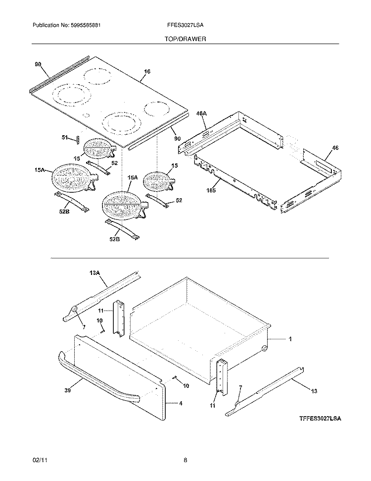 TOP/DRAWER Diagram and Parts List for FFES3027LSA  Frigidaire Range