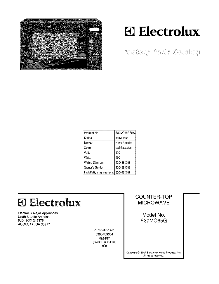 COVER Diagram and Parts List for E30MO65GSSA  Electrolux Microwave