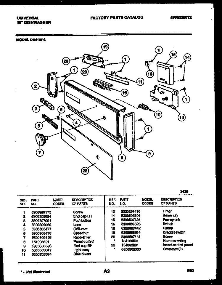CONTROL PANEL Diagram and Parts List for DB418PW2  Frigidaire Dishwasher