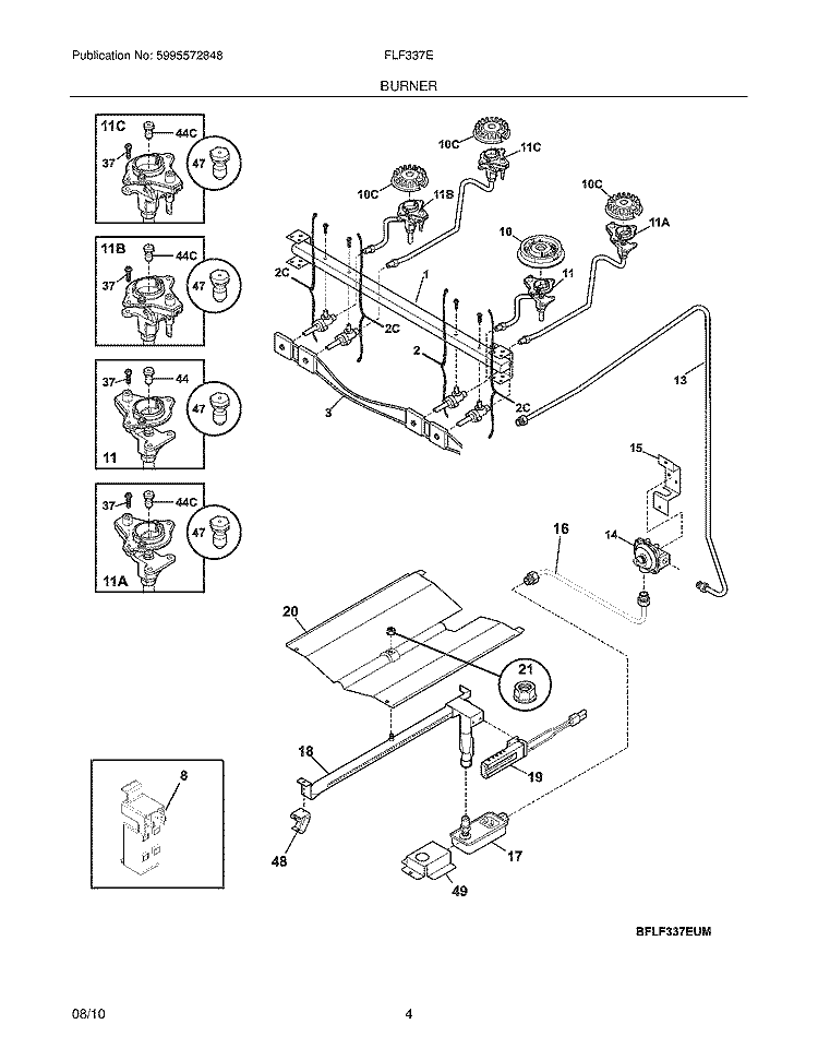 BURNER Diagram and Parts List for FLF337EUM  Frigidaire Range