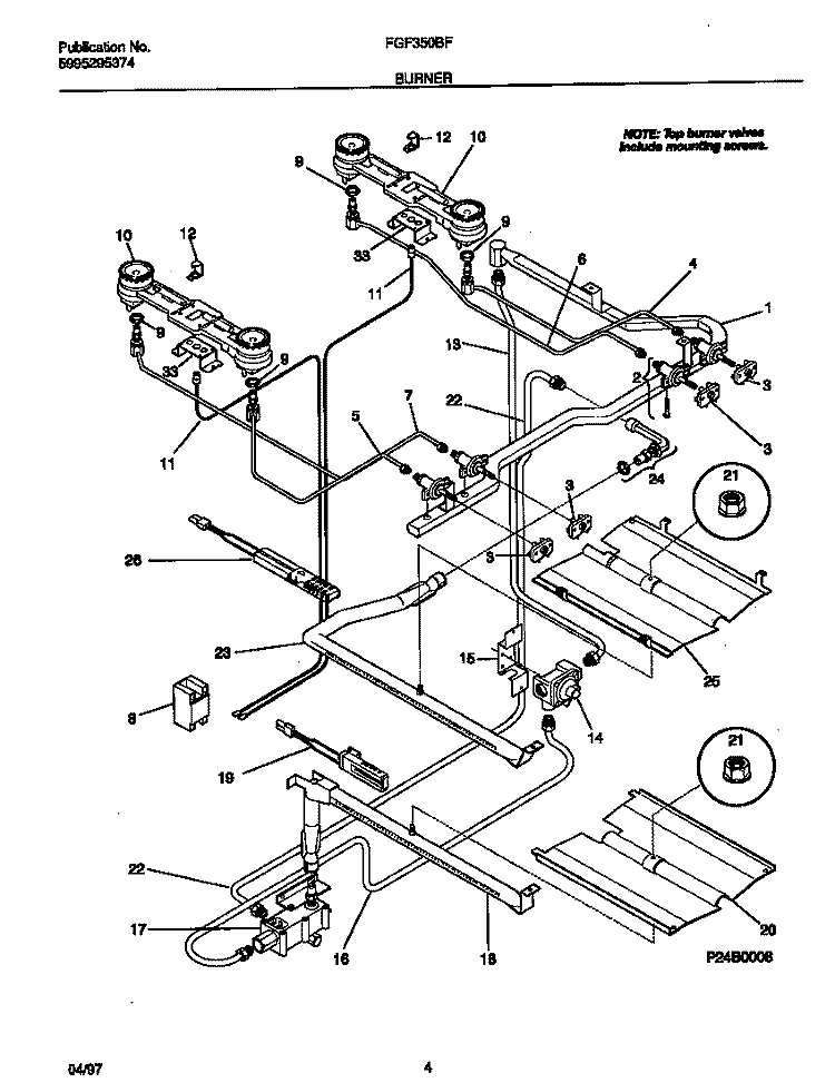 BURNER Diagram and Parts List for FGF350BFWA  Frigidaire Range