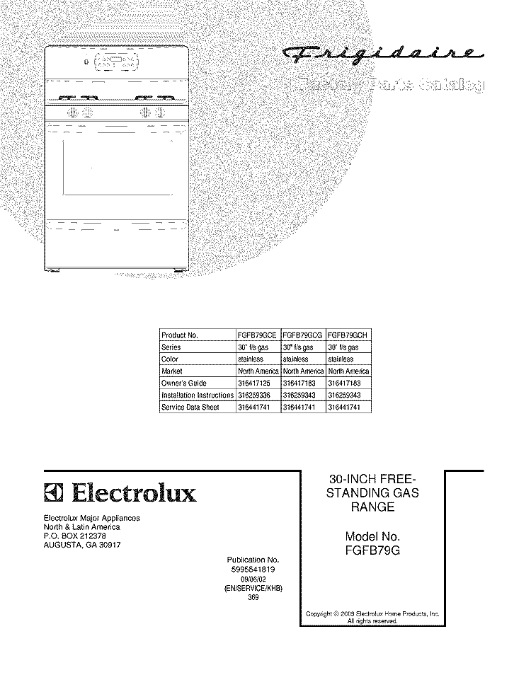 COVER Diagram and Parts List for FGFB79GCE  Frigidaire Range