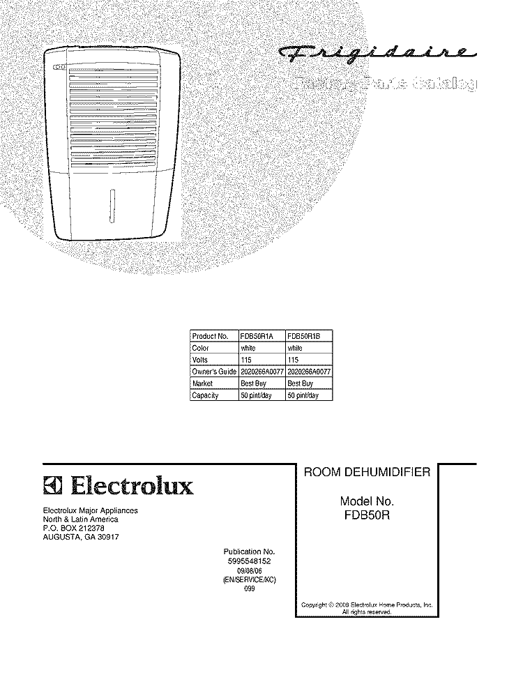 COVER Diagram and Parts List for FDB50R1A  Frigidaire Dehumidifier