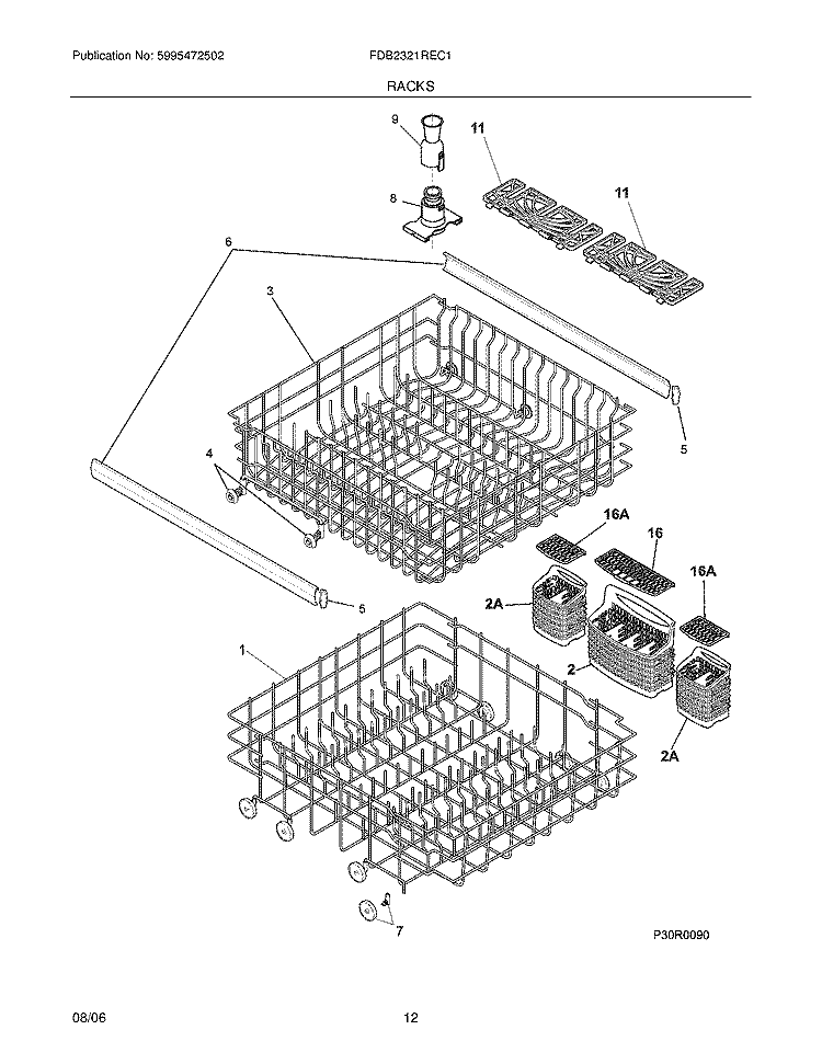 RACKS Diagram and Parts List for FDB2321REC1  Frigidaire Dishwasher