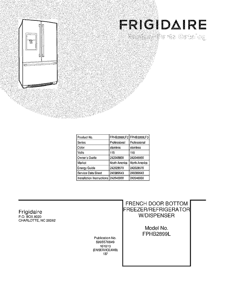 COVER Diagram and Parts List for FPHB2899LF3  Frigidaire Refrigerator