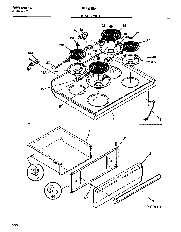 TOP / DRAWER Diagram and Parts List for FEF352BADC  Frigidaire Range