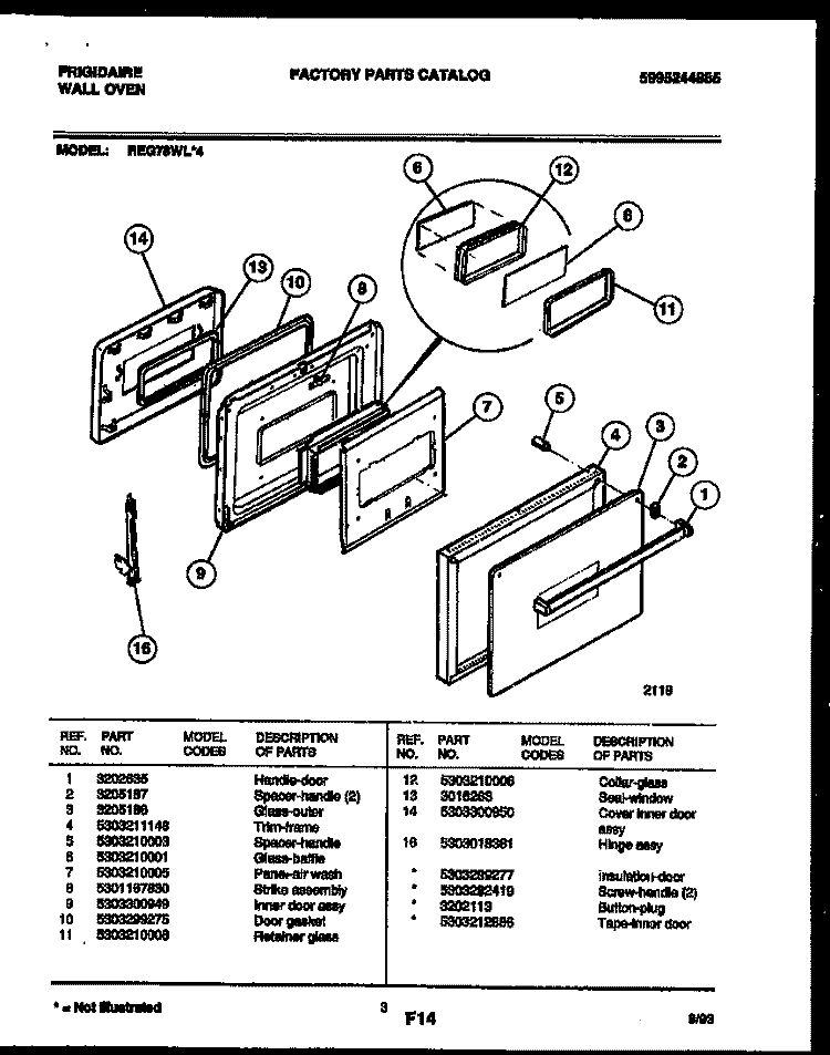 DOOR PARTS Diagram and Parts List for REG78WL4  Frigidaire Wall Oven