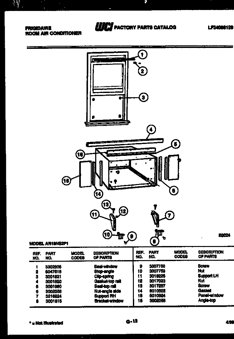 WINDOW MOUNTING PARTS Diagram and Parts List for AR18NS2F1  Frigidaire Air Conditioner
