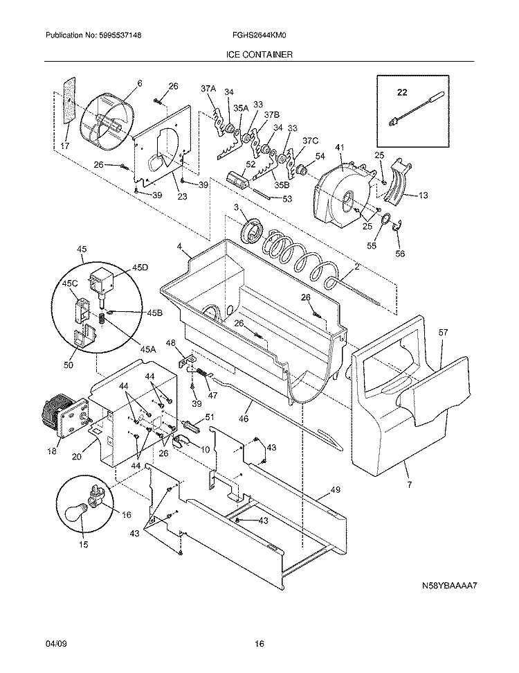 ICE CONTAINER Diagram and Parts List for FGHS2644KM0  Frigidaire Refrigerator