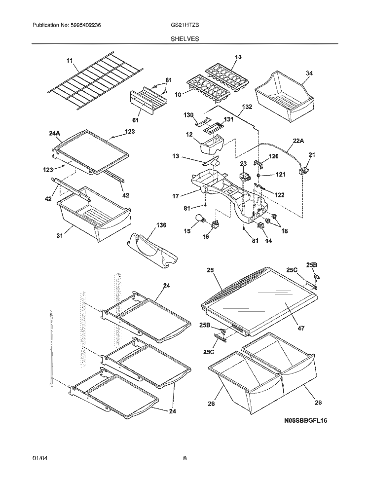 SHELVES Diagram and Parts List for GS21HTZBC2  Frigidaire Refrigerator