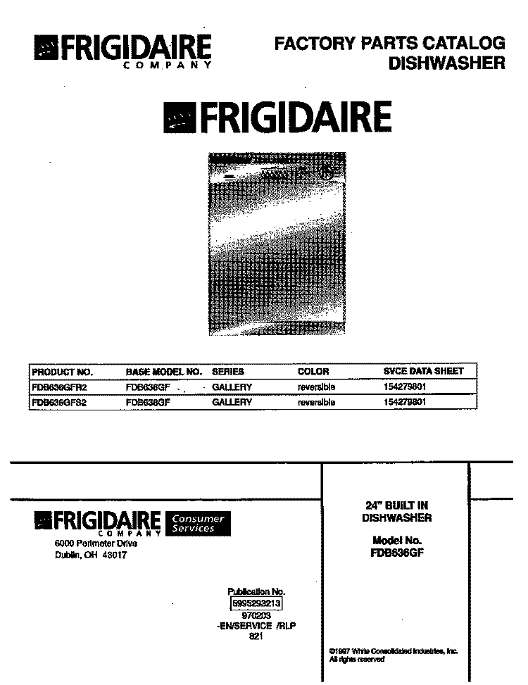 COVER Diagram and Parts List for FDB636GFS2  Frigidaire Dishwasher