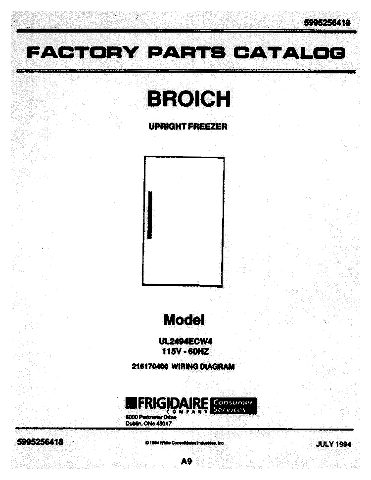 COVER Diagram and Parts List for UL2494ECW4  Frigidaire Freezer