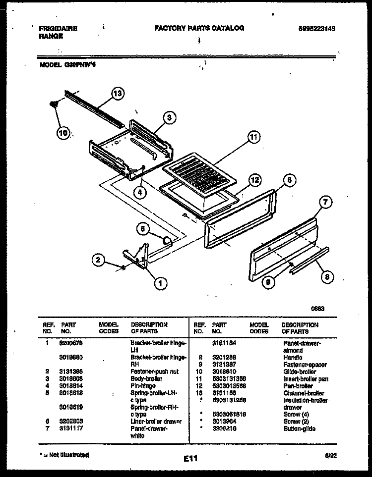 BROILER DRAWER PARTS Diagram and Parts List for G30PNL6  Frigidaire Range