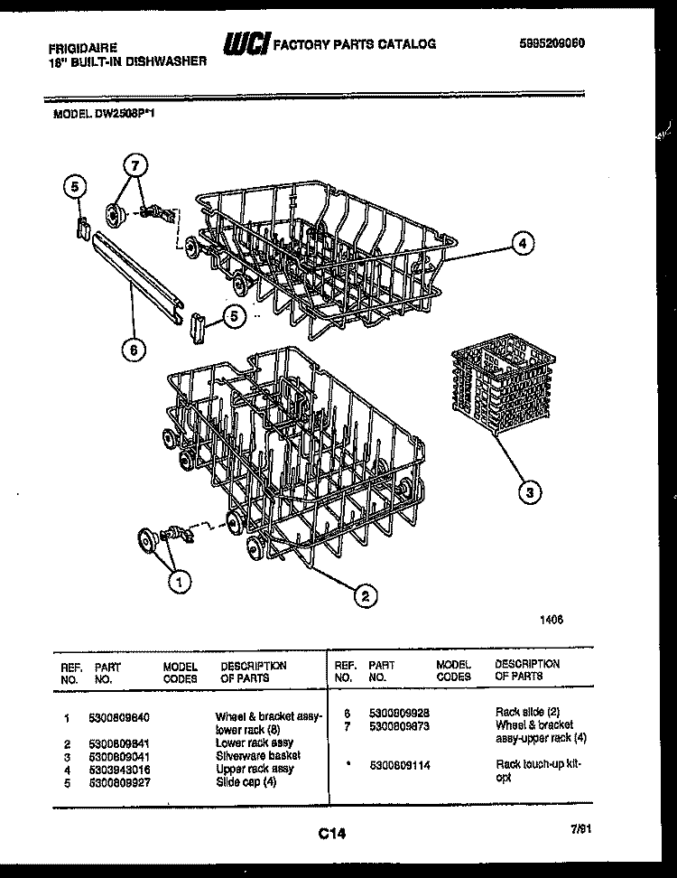 RACKS AND TRAYS Diagram and Parts List for DW2508PW1  Frigidaire Dishwasher