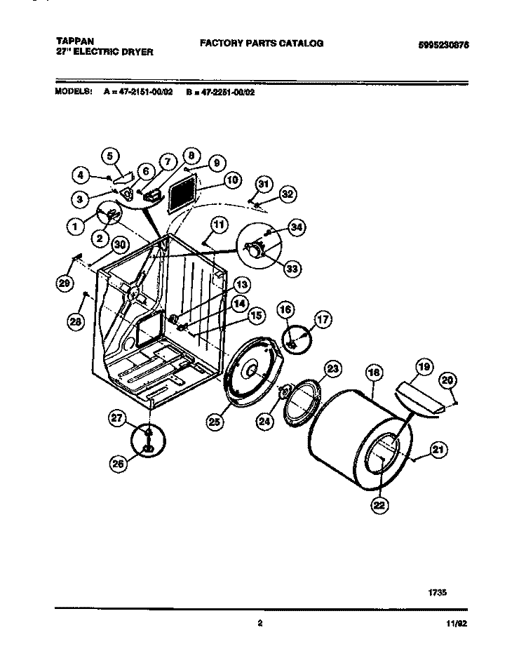 CABINET AND COMPONENT PARTS Diagram and Parts List for 47-2251-23-02  Tappan Dryer