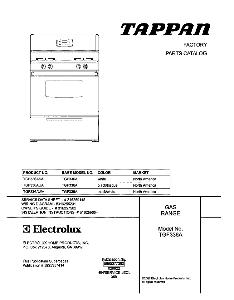 COVER Diagram and Parts List for TGF336AUA  Tappan Range
