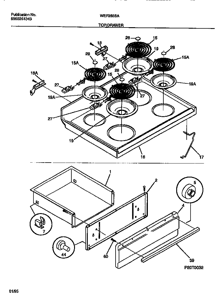 TOP / DRAWER Diagram and Parts List for WEF350SAWA  Frigidaire Range