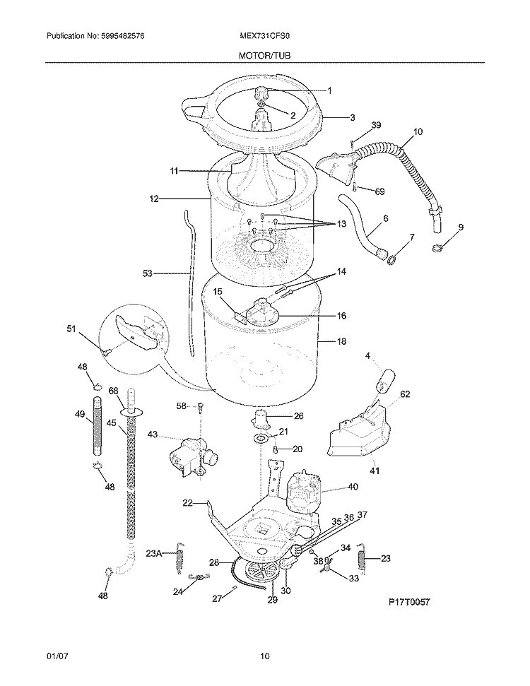 MOTOR / TUB Diagram and Parts List for MEX731CFS0  Uni Washer Dryer Combo