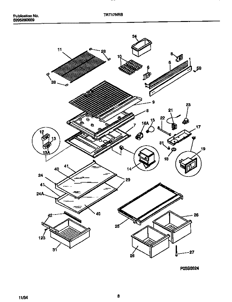 SHELVES, CONTROLS, DIVIDER, MULLION Diagram and Parts List for TRT17NRBW0  Tappan Refrigerator