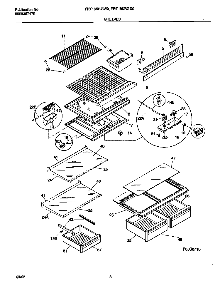 SHELVES Diagram and Parts List for FRT18KRGW0  Frigidaire Refrigerator