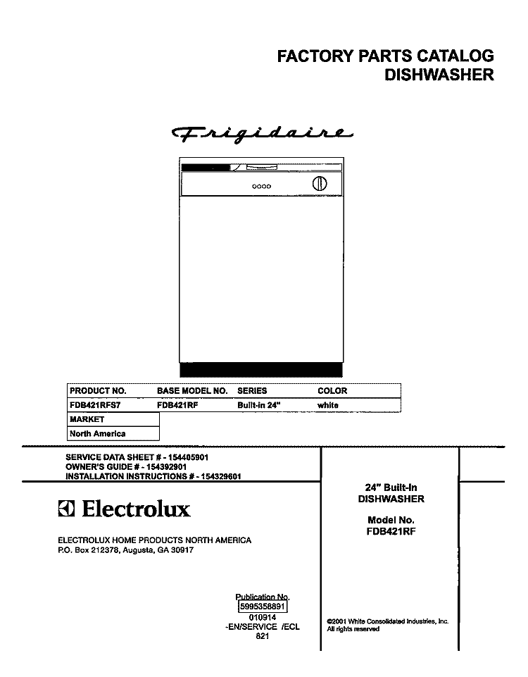 COVER Diagram and Parts List for FDB421RFS7  Frigidaire Dishwasher